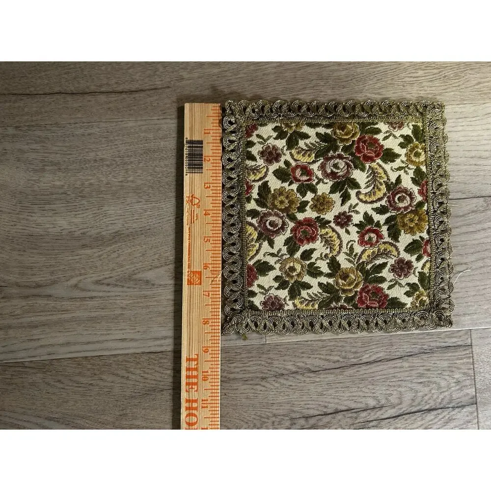 Square Floral Fabric Placemat Green/Gold/Red/Beige with Gold Fringe Trim